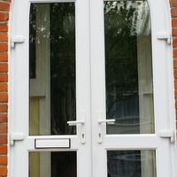 French doors with satin numbered top light